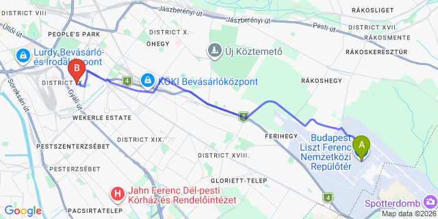 Map: Budapest Airport (BUD), Ferihegy, Liszt Ferenc to Budapest 1098