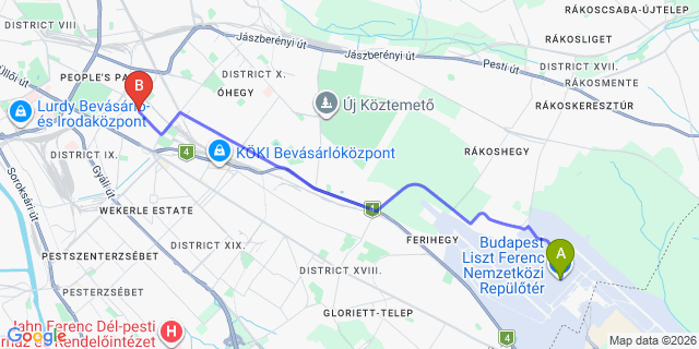 Map: Budapest Airport (BUD), Ferihegy, Liszt Ferenc to Budapest 1107