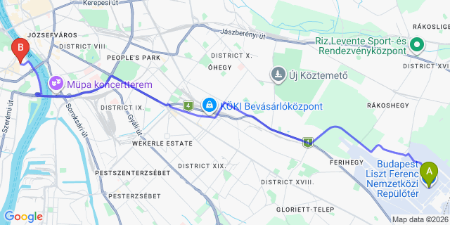 Map: Budapest Airport (BUD), Ferihegy, Liszt Ferenc to Budapest 1111