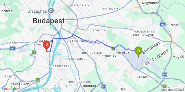 Map: Budapest Airport (BUD), Ferihegy, Liszt Ferenc to Budapest 1116