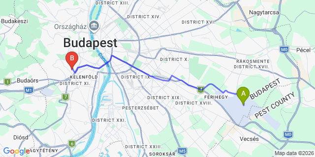Map: Budapest Airport (BUD), Ferihegy, Liszt Ferenc to Budapest 1118