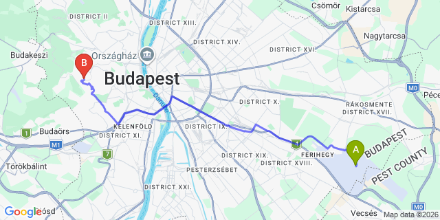 Map: Budapest Airport (BUD), Ferihegy, Liszt Ferenc to Budapest 1121