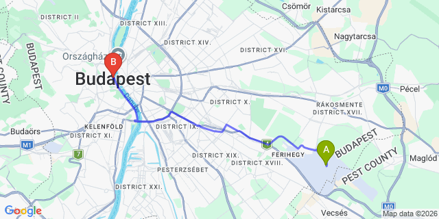 Map: Budapest Airport (BUD), Ferihegy, Liszt Ferenc to Budapest 1128