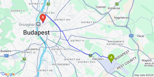 Map: Budapest Airport (BUD), Ferihegy, Liszt Ferenc to Budapest 1132