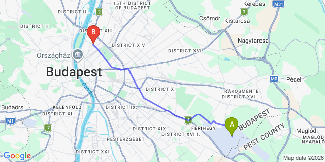 Map: Budapest Airport (BUD), Ferihegy, Liszt Ferenc to Budapest 1134