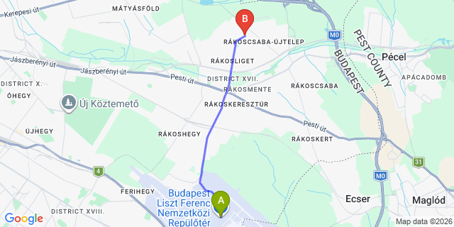 Map: Budapest Airport (BUD), Ferihegy, Liszt Ferenc to Budapest 1172