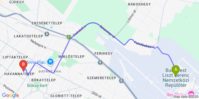 Map: Budapest Airport (BUD), Ferihegy, Liszt Ferenc to Budapest 1181