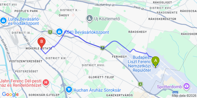 Map: Budapest Airport (BUD), Ferihegy, Liszt Ferenc to Budapest 1192