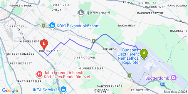 Map: Budapest Airport (BUD), Ferihegy, Liszt Ferenc to Budapest 1196
