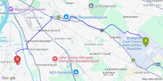 Map: Budapest Airport (BUD), Ferihegy, Liszt Ferenc to Budapest 1212