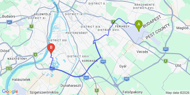 Map: Budapest Airport (BUD), Ferihegy, Liszt Ferenc to Budapest 1214