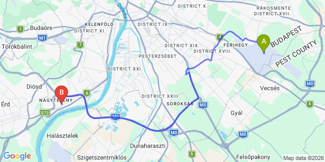 Map: Budapest Airport (BUD), Ferihegy, Liszt Ferenc to Budapest 1225
