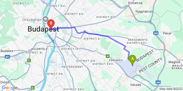 Map: Budapest Airport (BUD), Ferihegy, Liszt Ferenc to Budapest Royal Suites II