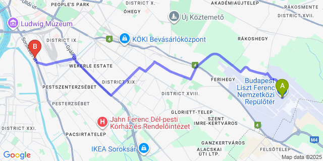 Map: Budapest Airport (BUD), Ferihegy, Liszt Ferenc to Canada Hotel