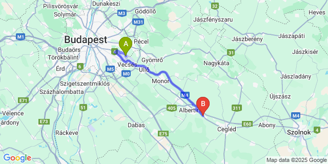 Map: Budapest Airport (BUD), Ferihegy, Liszt Ferenc to Ceglédbercel