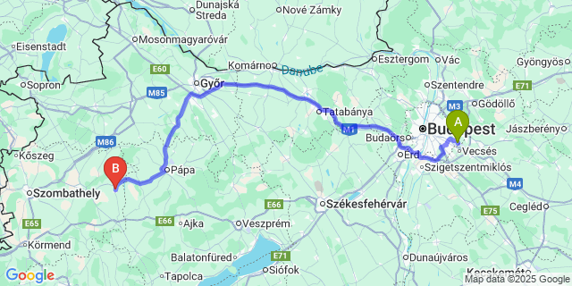 Map: Budapest Airport (BUD), Ferihegy, Liszt Ferenc to Celldömölk