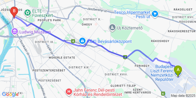 Map: Budapest Airport (BUD), Ferihegy, Liszt Ferenc to Corvin Hotel Budapest - Corvin wing
