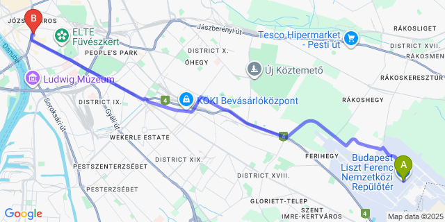 Map: Budapest Airport (BUD), Ferihegy, Liszt Ferenc to Corvin Point Rooms and Apartments