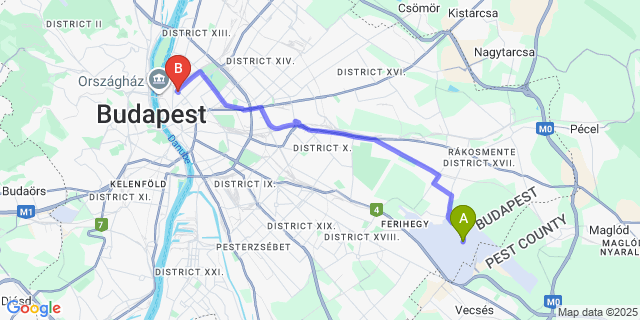 Map: Budapest Airport (BUD), Ferihegy, Liszt Ferenc to Cotton House Hotel Budapest