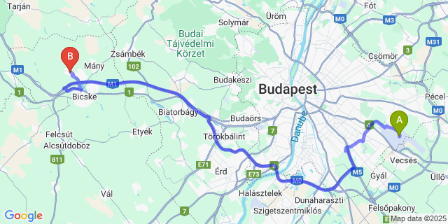Map: Budapest Airport (BUD), Ferihegy, Liszt Ferenc to Csabdi