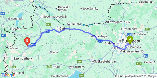Map: Budapest Airport (BUD), Ferihegy, Liszt Ferenc to Csáfordjánosfa