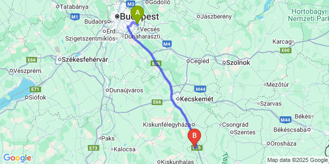 Map: Budapest Airport (BUD), Ferihegy, Liszt Ferenc to Csengele