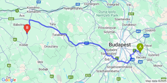 Map: Budapest Airport (BUD), Ferihegy, Liszt Ferenc to Csép