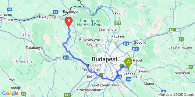 Map: Budapest Airport (BUD), Ferihegy, Liszt Ferenc to Csolnok