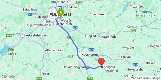 Map: Budapest Airport (BUD), Ferihegy, Liszt Ferenc to Csongrád