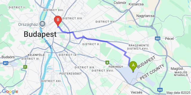 Map: Budapest Airport (BUD), Ferihegy, Liszt Ferenc to D50 Hotel