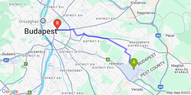 Map: Budapest Airport (BUD), Ferihegy, Liszt Ferenc to Danubius Hotel Hungaria City Center