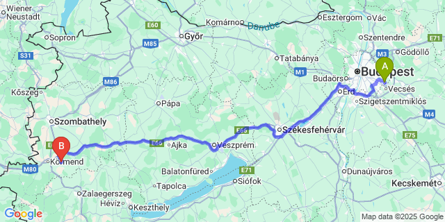 Map: Budapest Airport (BUD), Ferihegy, Liszt Ferenc to Döröske