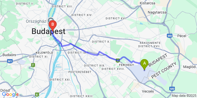 Map: Budapest Airport (BUD), Ferihegy, Liszt Ferenc to Dorothea Hotel, Budapest, Autograph Collection