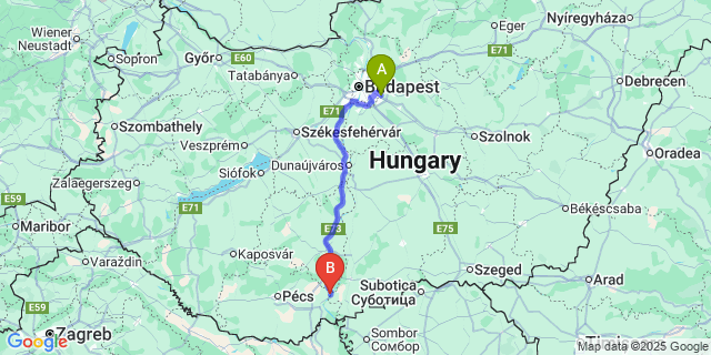 Map: Budapest Airport (BUD), Ferihegy, Liszt Ferenc to Dunaszekcső