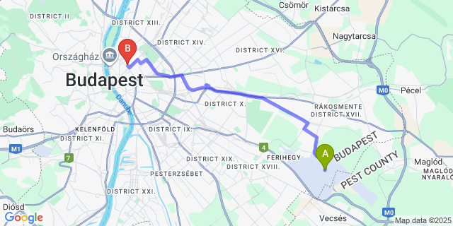 Map: Budapest Airport (BUD), Ferihegy, Liszt Ferenc to easyHotel Budapest Oktogon