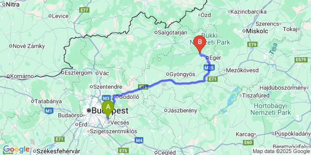 Map: Budapest Airport (BUD), Ferihegy, Liszt Ferenc to Egerbakta