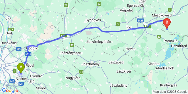 Map: Budapest Airport (BUD), Ferihegy, Liszt Ferenc to Egerlövő