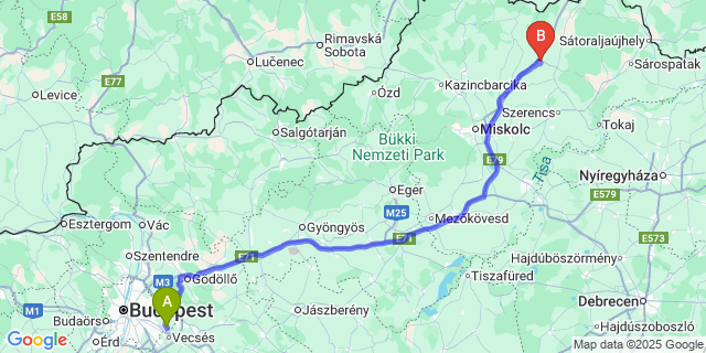 Map: Budapest Airport (BUD), Ferihegy, Liszt Ferenc to Encs