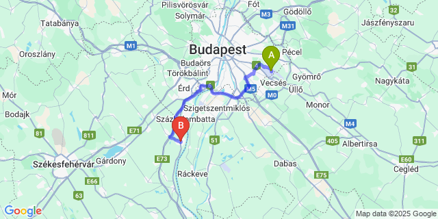 Map: Budapest Airport (BUD), Ferihegy, Liszt Ferenc to Ercsi