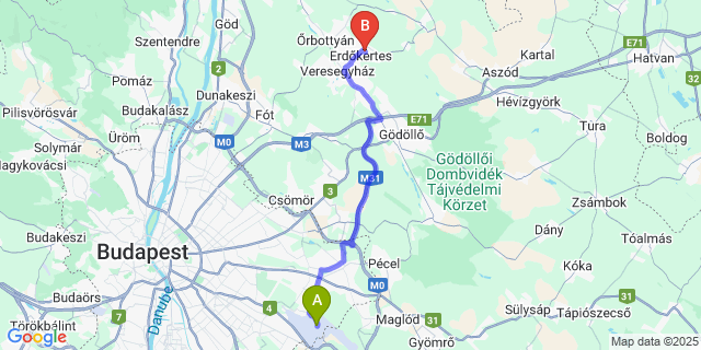 Map: Budapest Airport (BUD), Ferihegy, Liszt Ferenc to Erdőkertes