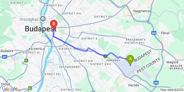 Map: Budapest Airport (BUD), Ferihegy, Liszt Ferenc to EST Grand Hotel Savoy