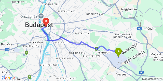 Map: Budapest Airport (BUD), Ferihegy, Liszt Ferenc to Exe Budapest Center