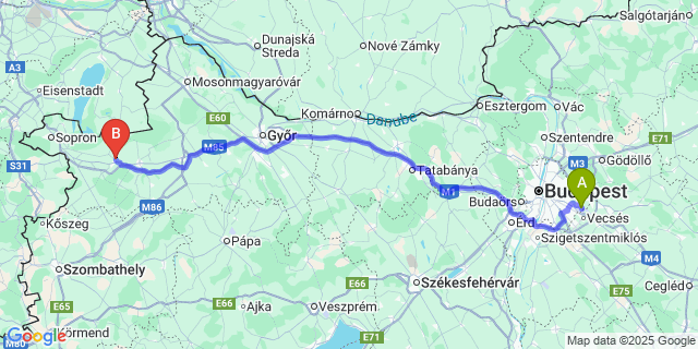 Map: Budapest Airport (BUD), Ferihegy, Liszt Ferenc to Fertőendréd