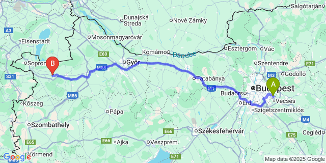 Map: Budapest Airport (BUD), Ferihegy, Liszt Ferenc to Fertőszentmiklós