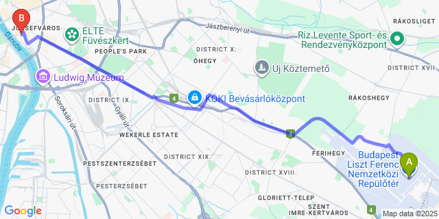 Map: Budapest Airport (BUD), Ferihegy, Liszt Ferenc to Flow Spaces