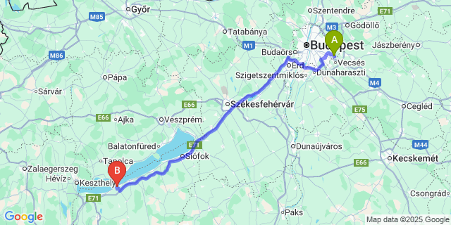 Map: Budapest Airport (BUD), Ferihegy, Liszt Ferenc to Fonyód