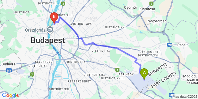 Map: Budapest Airport (BUD), Ferihegy, Liszt Ferenc to Four Points By Sheraton Budapest Danube