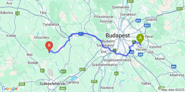 Map: Budapest Airport (BUD), Ferihegy, Liszt Ferenc to Gánt