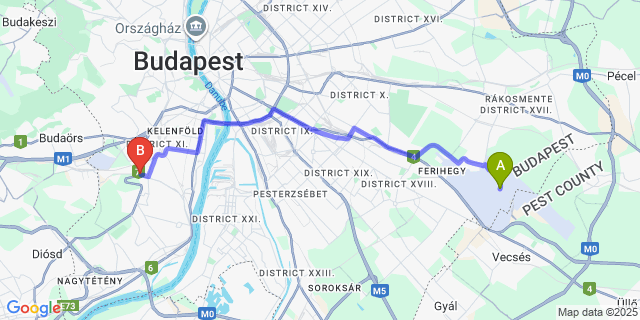 Map: Budapest Airport (BUD), Ferihegy, Liszt Ferenc to Grand Slam Park