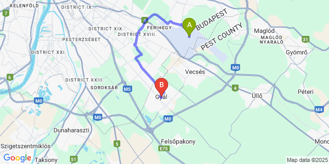 Map: Budapest Airport (BUD), Ferihegy, Liszt Ferenc to Gyál